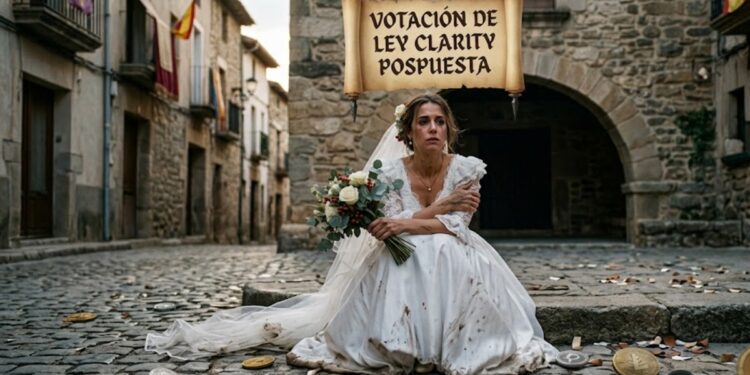 Una novia de pueblo, vestida y alborotada, con criptomonedas alrededor y de fondo un documento que dice "Ley Clarity".