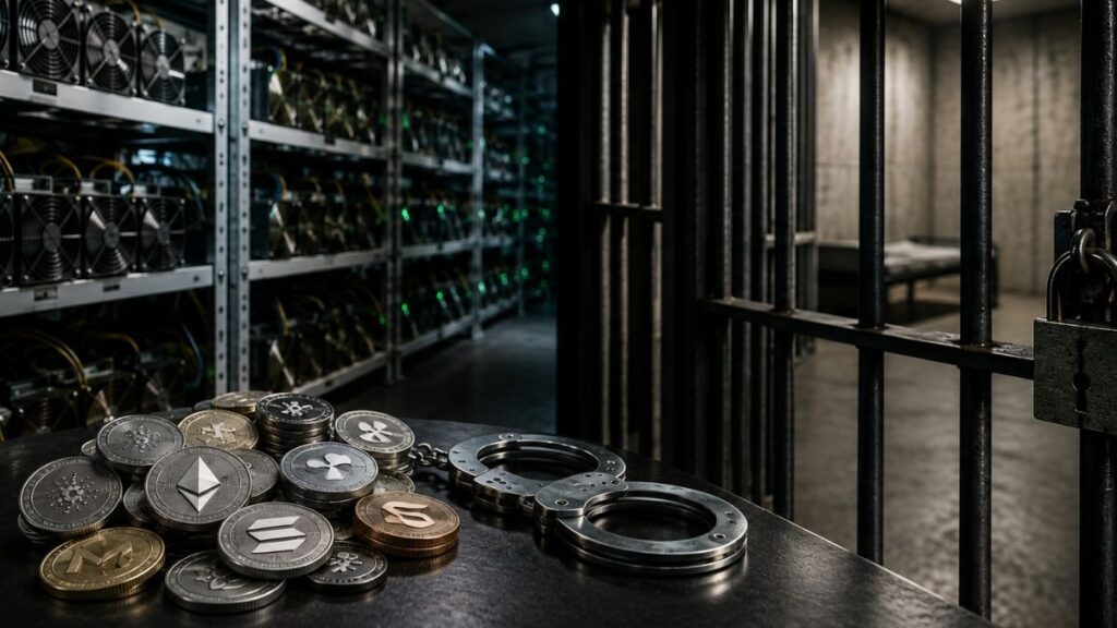 Monedas de criptomonedas y esposas en primer plano con una granja de minería y una celda de prisión al fondo.