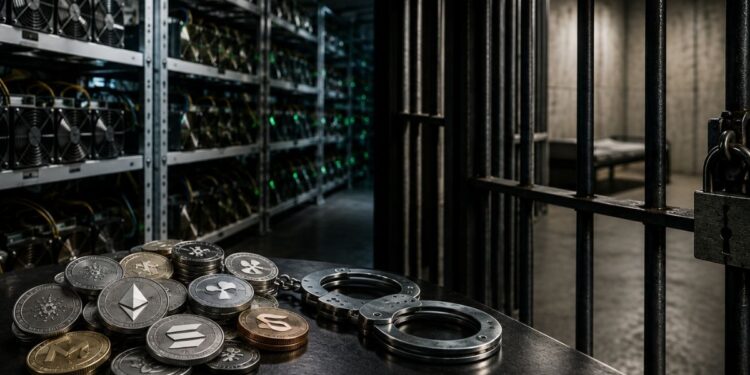 Monedas de criptomonedas y esposas en primer plano con una granja de minería y una celda de prisión al fondo.