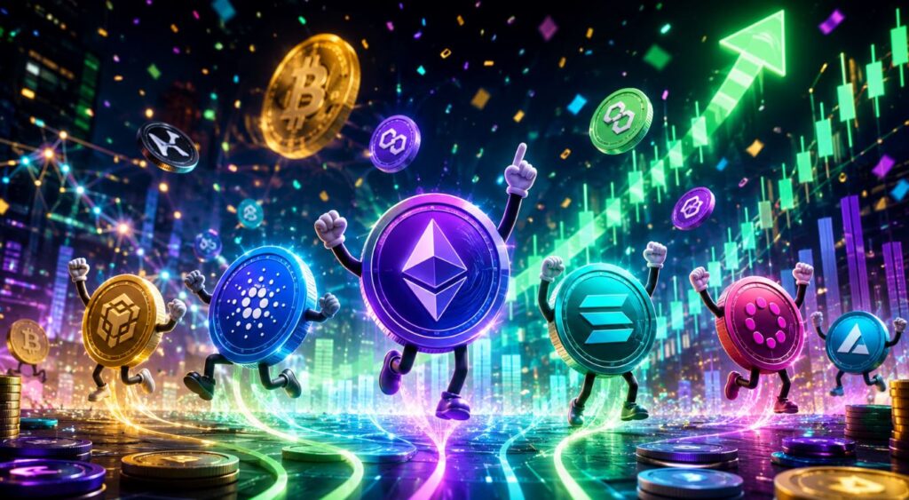 Altcoins físicas corriendo rodeadas de flechas y gráficas de velas