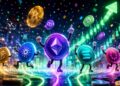 Altcoins físicas corriendo rodeadas de flechas y gráficas de velas