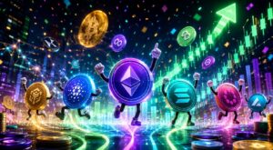 Altcoins físicas corriendo rodeadas de flechas y gráficas de velas