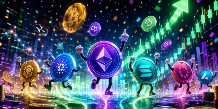 Altcoins físicas corriendo rodeadas de flechas y gráficas de velas