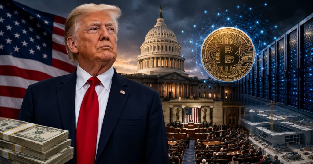 Donald Trump frente al Capitolio de EE,UU con un símbolo de bitcoin y servidores de datos
