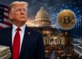 Donald Trump frente al Capitolio de EE,UU con un símbolo de bitcoin y servidores de datos