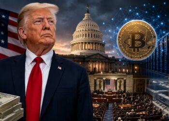 Donald Trump frente al Capitolio de EE,UU con un símbolo de bitcoin y servidores de datos