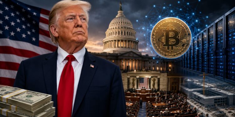 Donald Trump frente al Capitolio de EE,UU con un símbolo de bitcoin y servidores de datos