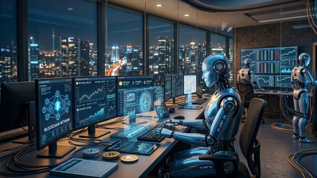 Robots de IA con criptomoneda en una mesa y computadoras.