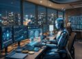 Robots de IA con criptomoneda en una mesa y computadoras.