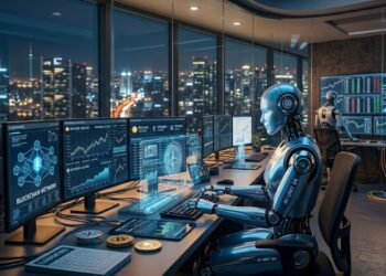 Robots de IA con criptomoneda en una mesa y computadoras.