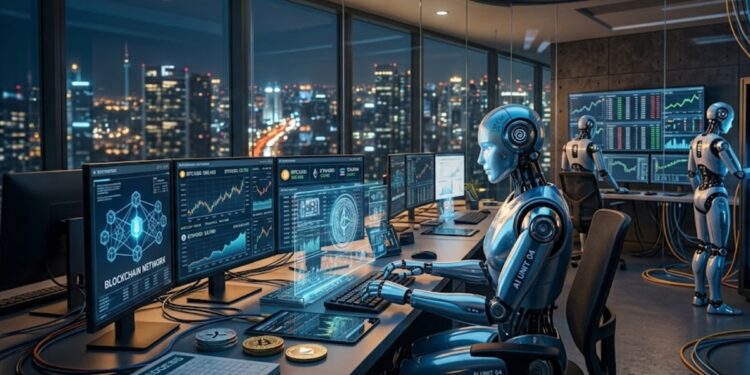 Robots de IA con criptomoneda en una mesa y computadoras.
