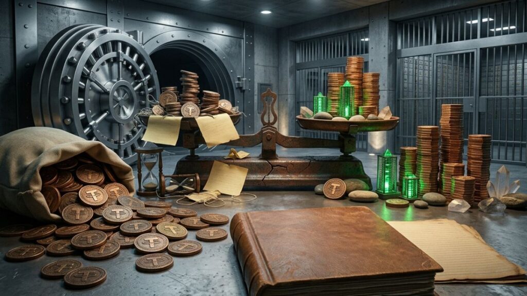 Balanza de bronce dentro de una bóveda bancaria rodeada de monedas de Tether y un libro de auditoría.