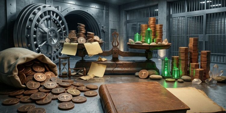 Balanza de bronce dentro de una bóveda bancaria rodeada de monedas de Tether y un libro de auditoría.