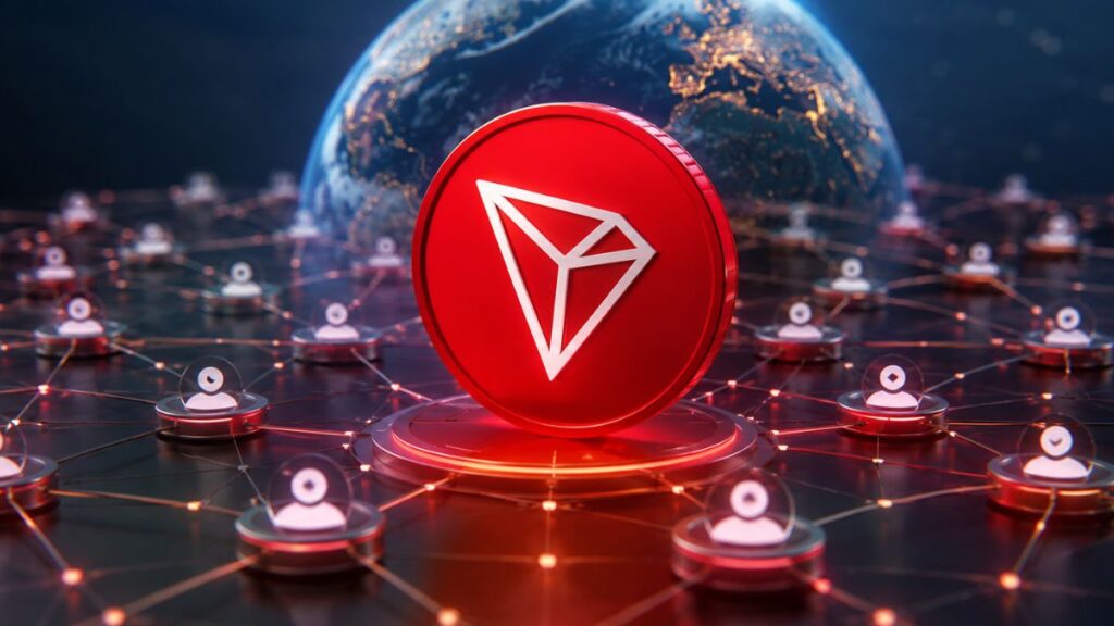 Moneda roja con el logo blanco de TRON sobre una red global conectada.