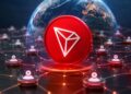 Moneda roja con el logo blanco de TRON sobre una red global conectada.
