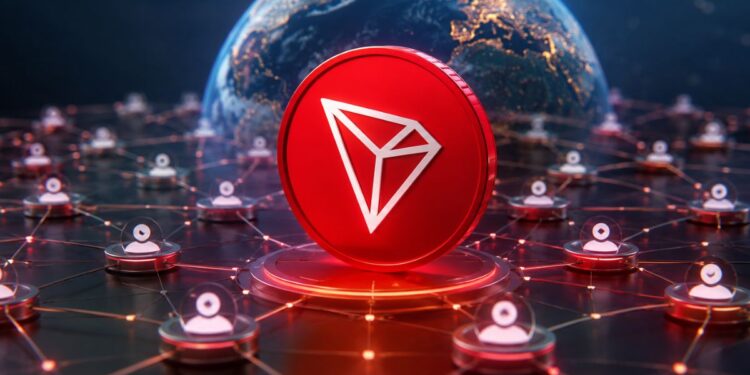 Moneda roja con el logo blanco de TRON sobre una red global conectada.