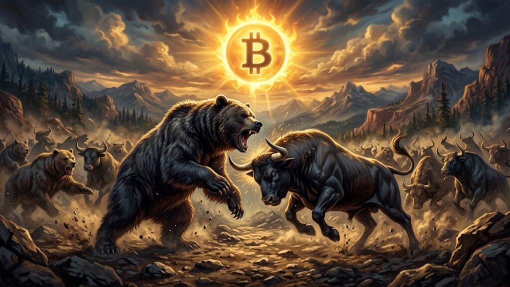 Osos y toros enfrentándose con una moneda de bitcoin arriba como si fuera un sol.