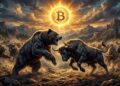 Osos y toros enfrentándose con una moneda de bitcoin arriba como si fuera un sol.