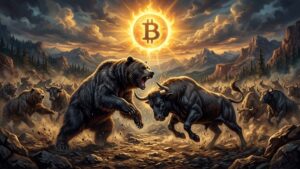 Osos y toros enfrentándose con una moneda de bitcoin arriba como si fuera un sol.