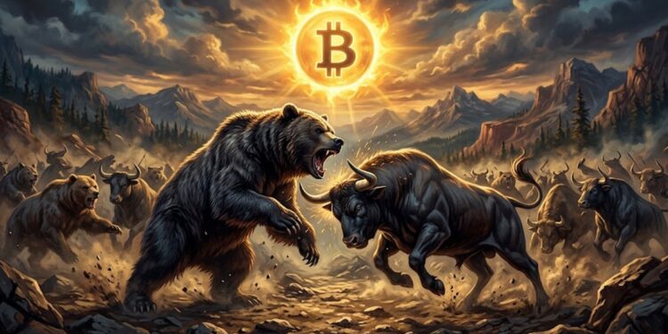 Osos y toros enfrentándose con una moneda de bitcoin arriba como si fuera un sol.