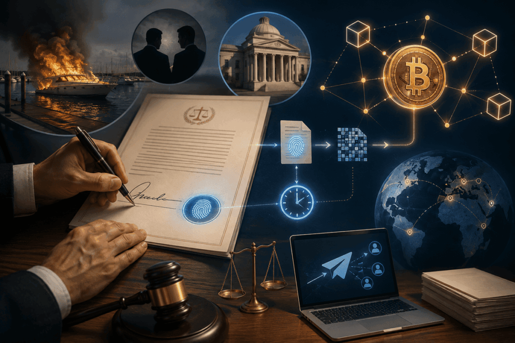Ilustración de un documento judicial firmado digitalmente, conectado mediante elementos criptográficos a la red de Bitcoin