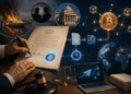 Ilustración de un documento judicial firmado digitalmente, conectado mediante elementos criptográficos a la red de Bitcoin