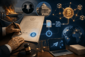 Ilustración de un documento judicial firmado digitalmente, conectado mediante elementos criptográficos a la red de Bitcoin