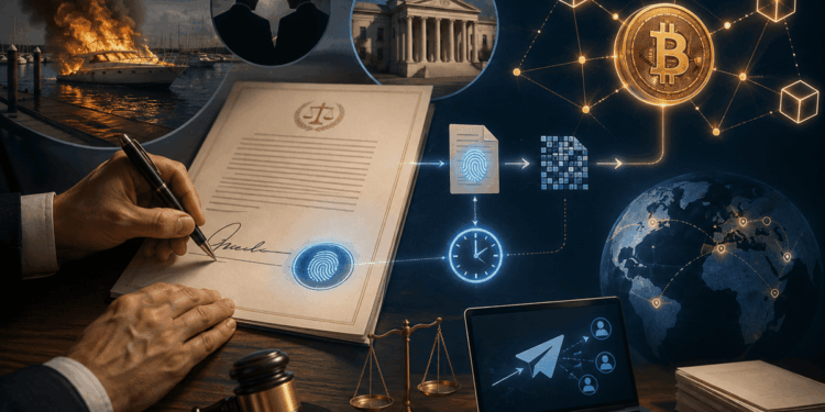 Ilustración de un documento judicial firmado digitalmente, conectado mediante elementos criptográficos a la red de Bitcoin