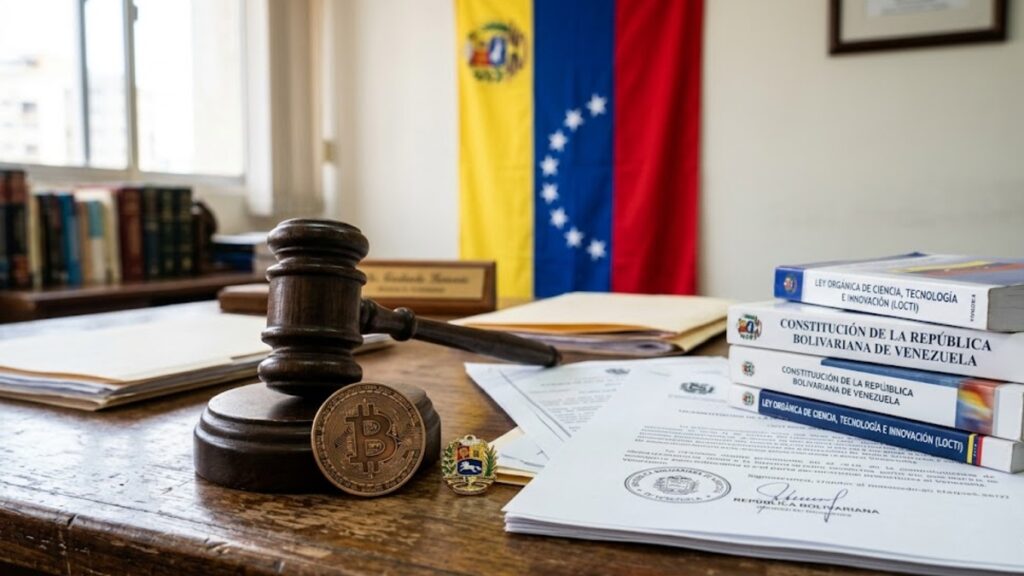 Moneda física de bitcoin con un mazo judicial, documentos y leyes, con la bandera de Venezuela en el fondo.