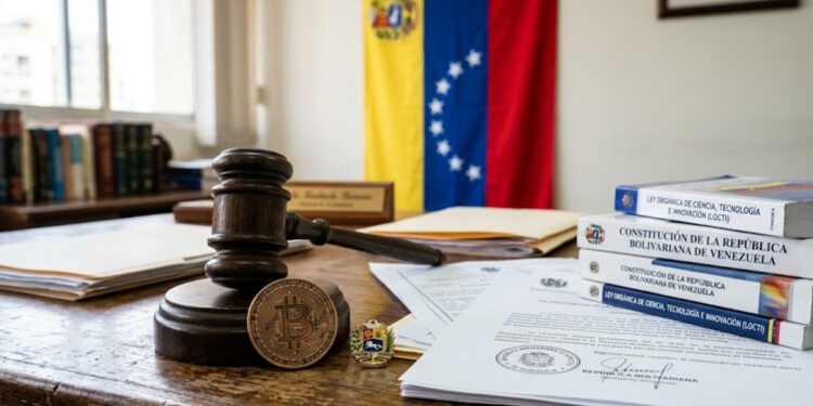Moneda física de bitcoin con un mazo judicial, documentos y leyes, con la bandera de Venezuela en el fondo.
