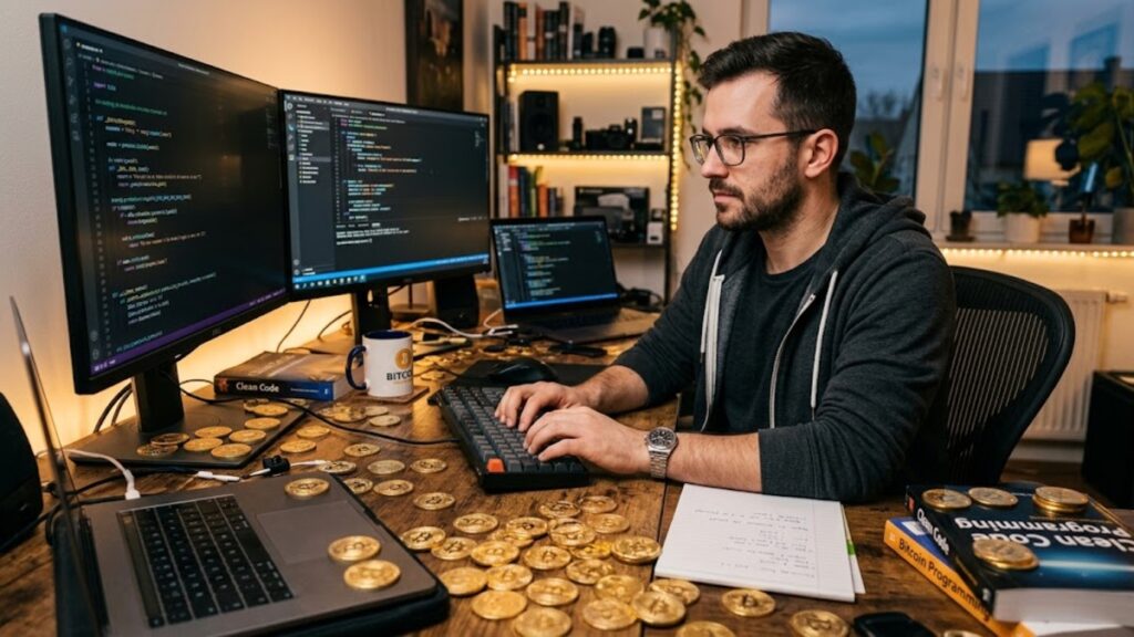 Un desarrollador de software con monedas de bitcoin alrededor.