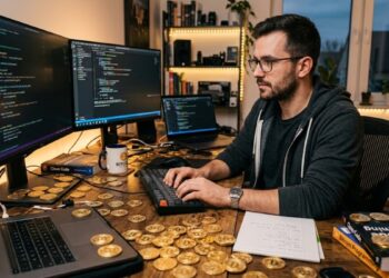 Un desarrollador de software con monedas de bitcoin alrededor.