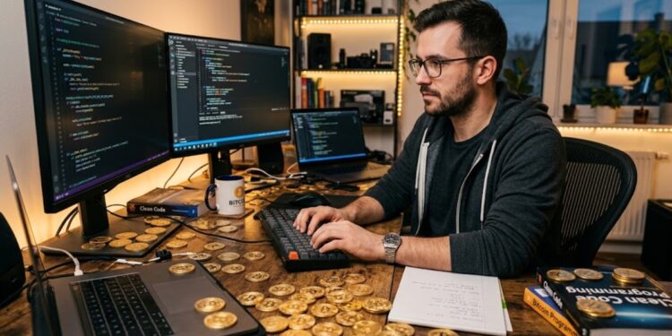 Un desarrollador de software con monedas de bitcoin alrededor.