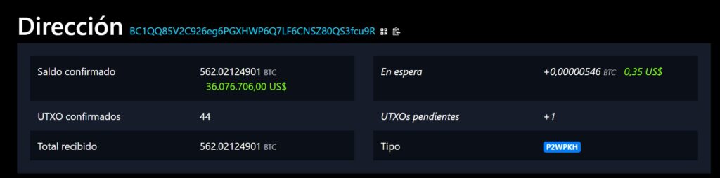 Captura de pantalla de la dirección de BTC usada por el hacker de Coldcard.
