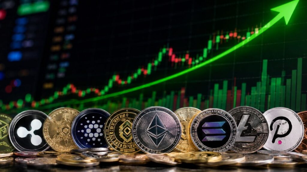 Monedas de criptomonedas frente a un gráfico bursátil alcista en verde.