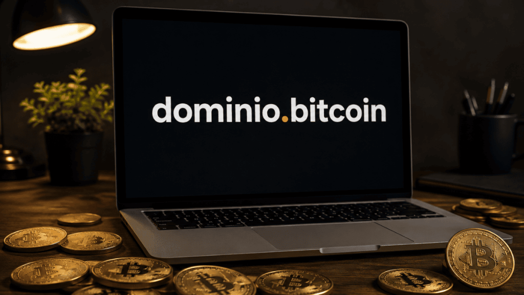 Laptop. Se lee en el monitor: dominio.bitcoin.