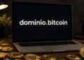 Laptop. Se lee en el monitor: dominio.bitcoin.