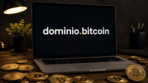 Laptop. Se lee en el monitor: dominio.bitcoin.