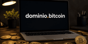 Laptop. Se lee en el monitor: dominio.bitcoin.