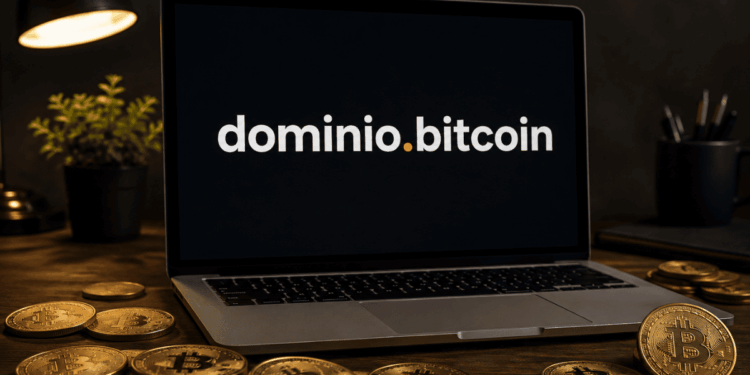 Laptop. Se lee en el monitor: dominio.bitcoin.