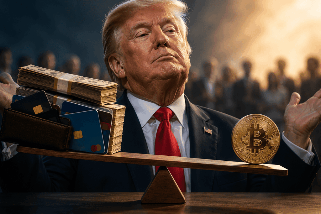 Donald Trump aparece detrás de una balanza que contrapone dólares y tarjetas bancarias con una moneda de Bitcoin, en referencia al debate sobre el uso de BTC como medio de pago.