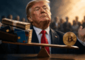 Donald Trump aparece detrás de una balanza que contrapone dólares y tarjetas bancarias con una moneda de Bitcoin, en referencia al debate sobre el uso de BTC como medio de pago.