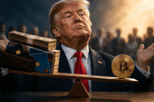 Donald Trump aparece detrás de una balanza que contrapone dólares y tarjetas bancarias con una moneda de Bitcoin, en referencia al debate sobre el uso de BTC como medio de pago.