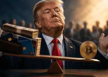 Donald Trump aparece detrás de una balanza que contrapone dólares y tarjetas bancarias con una moneda de Bitcoin, en referencia al debate sobre el uso de BTC como medio de pago.