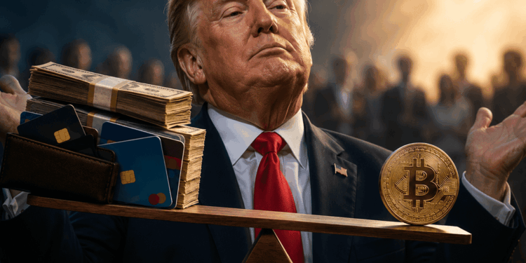 Donald Trump aparece detrás de una balanza que contrapone dólares y tarjetas bancarias con una moneda de Bitcoin, en referencia al debate sobre el uso de BTC como medio de pago.