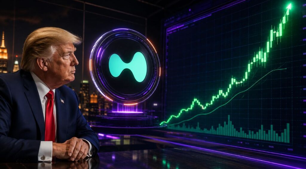 Donald Trump mirando a una moneda de hyperliquid.