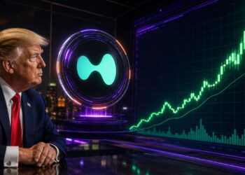 Donald Trump mirando a una moneda de hyperliquid.
