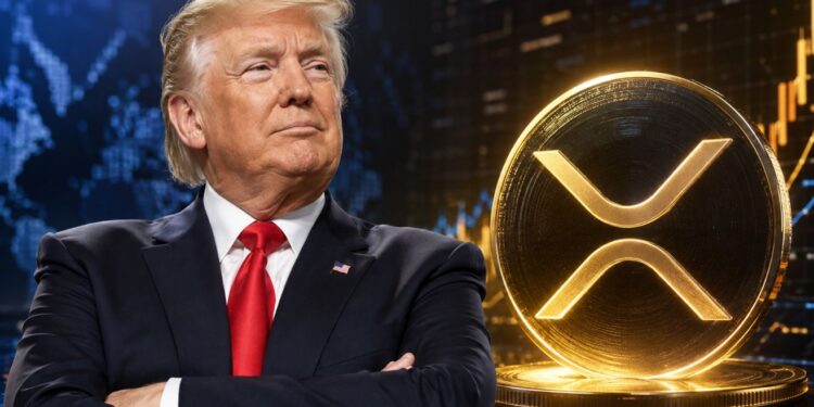 Donald Trump junto a una moneda de XRP.