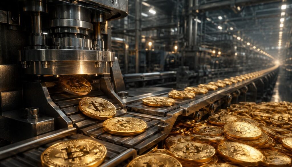 Monedas físicas de bitcoin en una cinta transportadora.