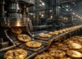 Monedas físicas de bitcoin en una cinta transportadora.